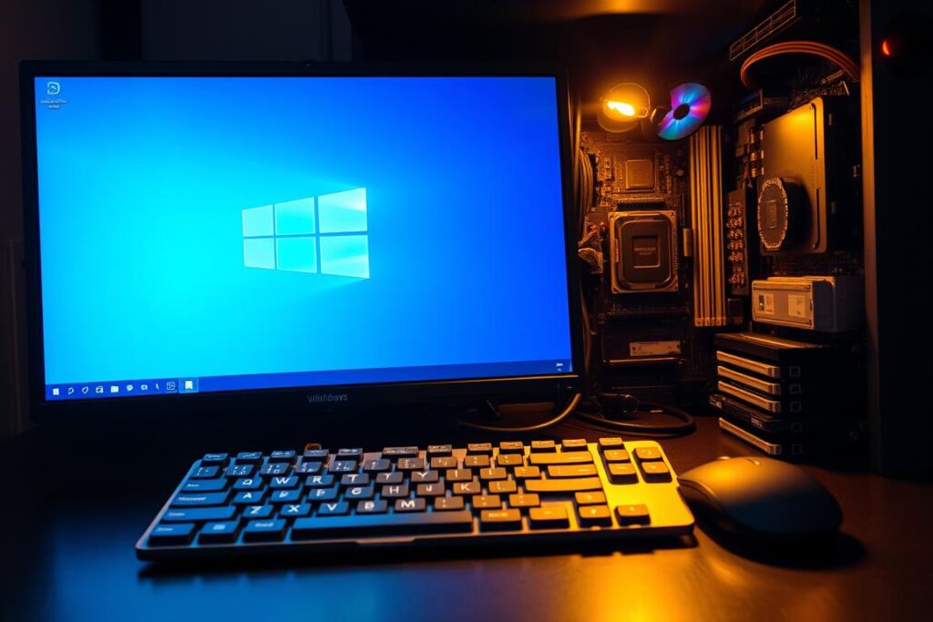 A high-tech computer desktop with a prominent Windows 11 logo on the screen, surrounded by various hardware components like a CPU, RAM modules, and a hard drive. The desktop is illuminated by warm, focused lighting, casting dramatic shadows and highlights to accentuate the technological details. In the foreground, a sleek, minimalist keyboard and mouse sit ready for user interaction. The overall atmosphere is one of efficiency, power, and the importance of optimizing the system's startup process.