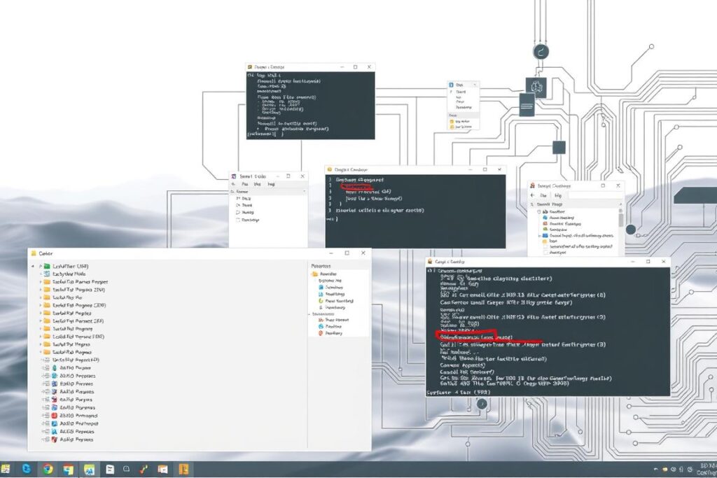 A detailed and technical schematic diagram of a computer operating system undergoing a repair process. The foreground shows a series of system files and directories displayed on a clean, minimalist interface. The middle ground depicts various repair tools and utilities, including command prompt windows, file explorer windows, and diagnostic software. The background features a soft, blurred landscape of interconnected circuits, data streams, and hardware components, creating a sense of the complex inner workings of the system. The overall mood is one of precision, focus, and the systematic resolution of a technical issue. Lighting is neutral, with a slight warm tone to convey a sense of professionalism and expertise. A detailed and technical schematic diagram of a computer operating system undergoing a repair process. The foreground shows a series of system files and directories displayed on a clean, minimalist interface. The middle ground depicts various repair tools and utilities, including command prompt windows, file explorer windows, and diagnostic software. The background features a soft, blurred landscape of interconnected circuits, data streams, and hardware components, creating a sense of the complex inner workings of the system. The overall mood is one of precision, focus, and the systematic resolution of a technical issue. Lighting is neutral, with a slight warm tone to convey a sense of professionalism and expertise.