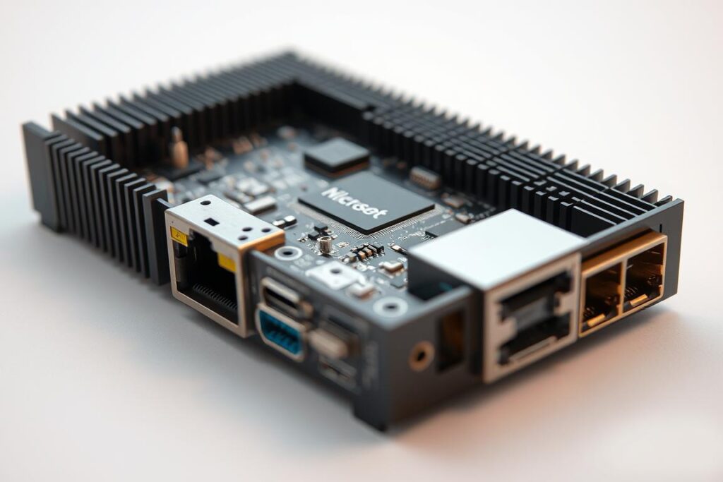 A highly detailed, photorealistic image of a computer network adapter, with a focus on the adapter's hardware components and design. The image should be shot from a slightly elevated angle, emphasizing the intricate circuitry, ports, and heat sink. The adapter should be displayed against a clean, neutral background, with soft, even lighting that accentuates the textures and details. The overall mood should be one of technical precision and functionality, conveying the importance of properly configuring network adapters for optimal WLAN performance in Windows 11.